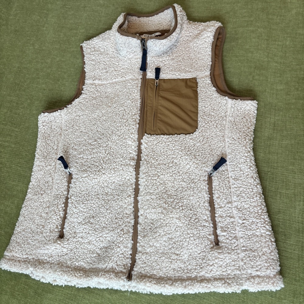 Orvis Sherpa Vest Womens SZ LG Ivory Brown Pockets/Trim Full Zip Outdoor Hiking